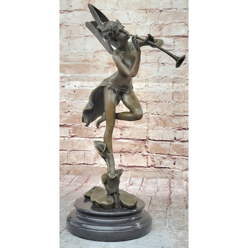 Trumpeting Winged Angel Fairy Garden Statue Bronze Sculpture Signed Art 15 Inches X 10 Inches