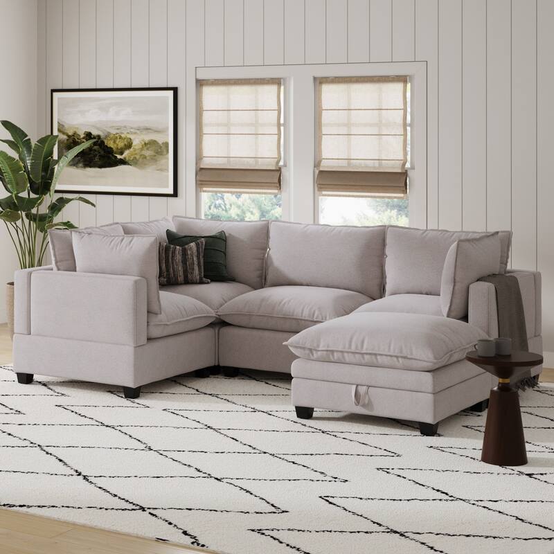 Chelsea Modern Cloud Modular Upholstered Sofa with Deep Seat and Plush Cushions - 4-Seater Sectional + Ottoman - Beige