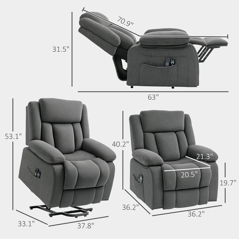 Grey Power Lift Recliner Chair with Massage Lumbar Heating and USB Charging Side Pockets