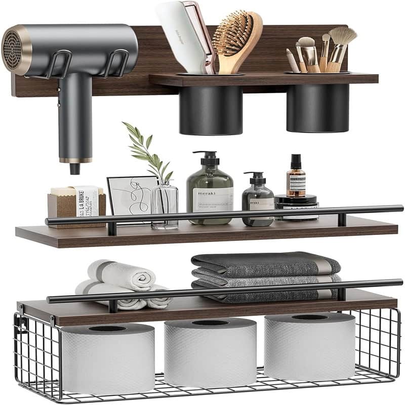 Floating Shelves with Hair Dryer Holder - 5.9"D x 15.7"W x 0.6"H