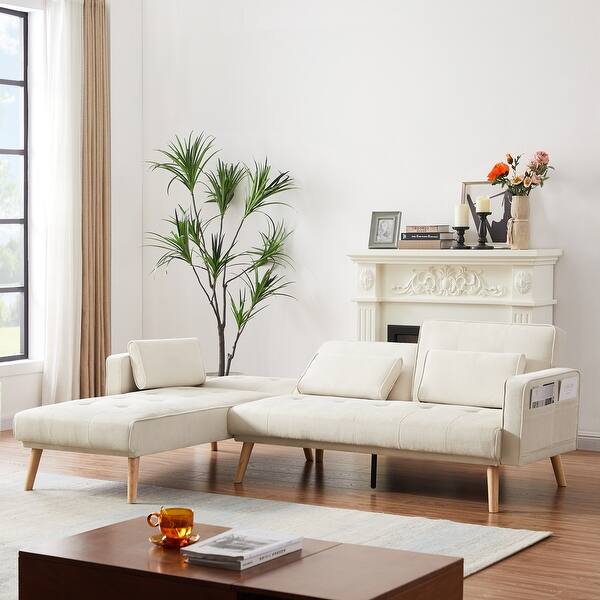 Lshape Convertible Sofa Set Linen Sleep Couch Bed with Lumbar Pillows