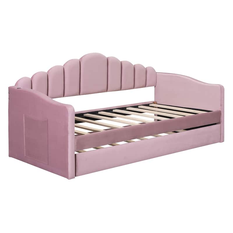 Modern Twin Velvet Daybed with Trundle, USB Ports, and Storage Pockets