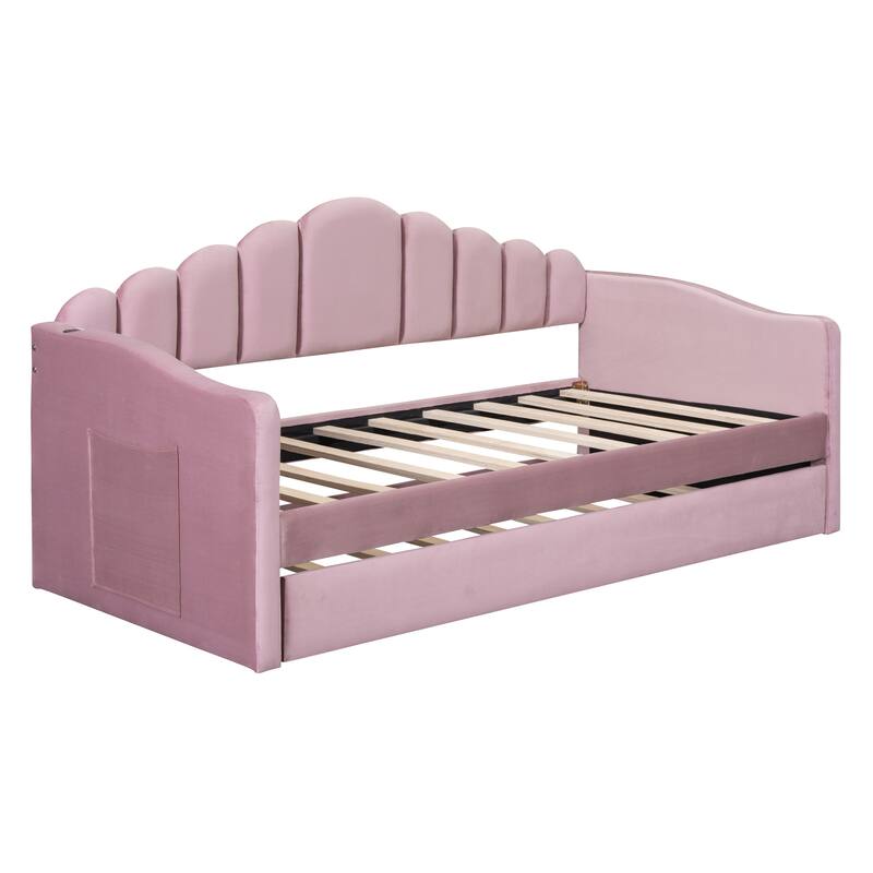 Twin size Upholstered Daybed with Trundle ,Velvet Sofabed with USB Charging Ports,No Box-spring Needed