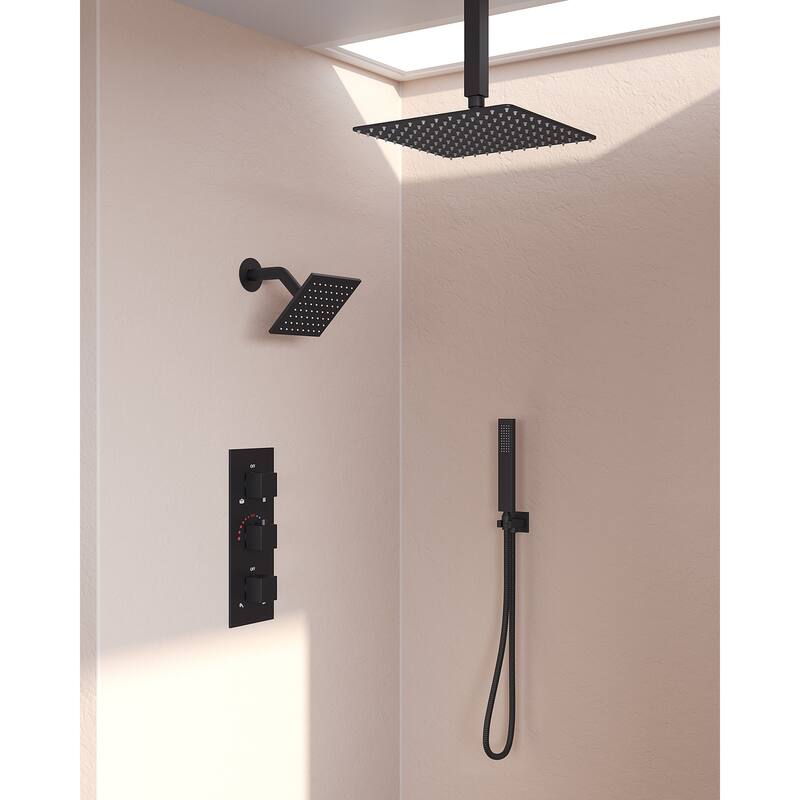 GRANDJOY 12" Ceiling-Mount Shower System Rainfall Shower Head with Anti-Scald Valve