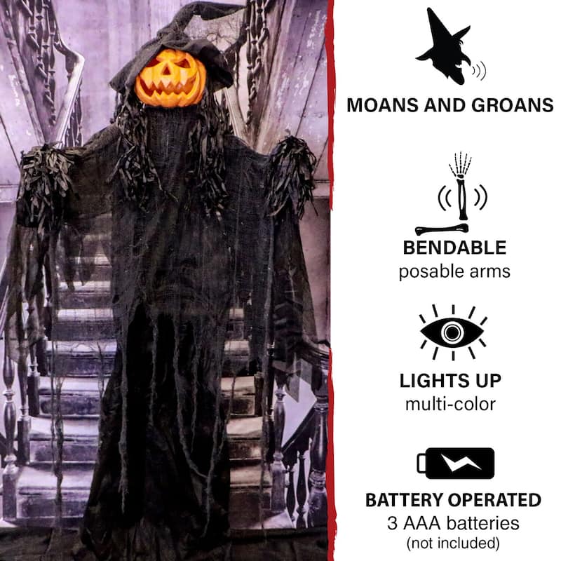 Haunted Hill Farm Life-Size Poseable Pumpkin Witch with Lights and Sound, Indoor/Covered Outdoor Halloween Decoration