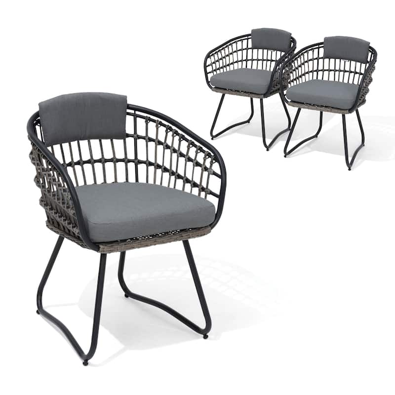 Outdoor Wicker Chairs Patio Dining Chairs Cushioned PE Rattan Seating Set - Gray, 3PCS