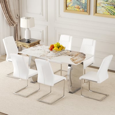 Table and chair set, Pandora Patterned Sintered Stone Dining Table Set - 6 Chairs With Metal Legs,Modern Luxury