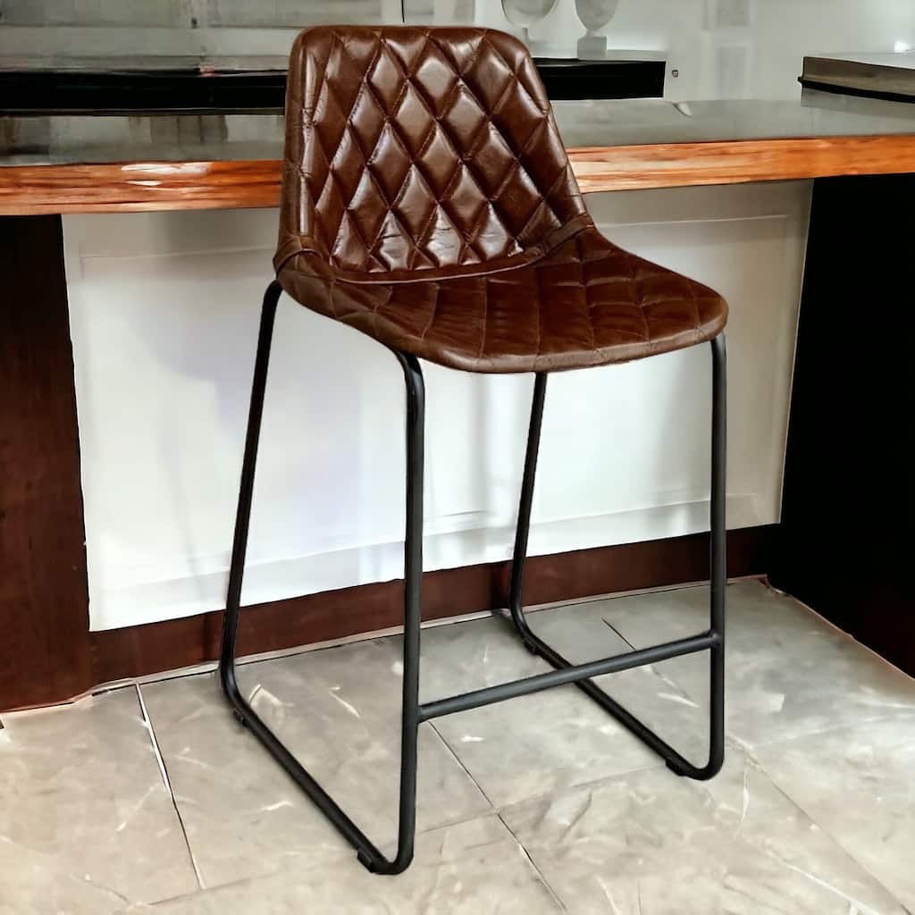 HomeRoots 27" Brown and Black Leather and Iron Counter Height Bar Chair