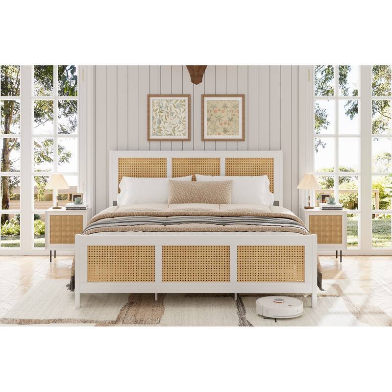 Rattan Bed Frame with Headboard, White Boho Cane Platform Bed Frame with Strong Metal Slat, Noise Free