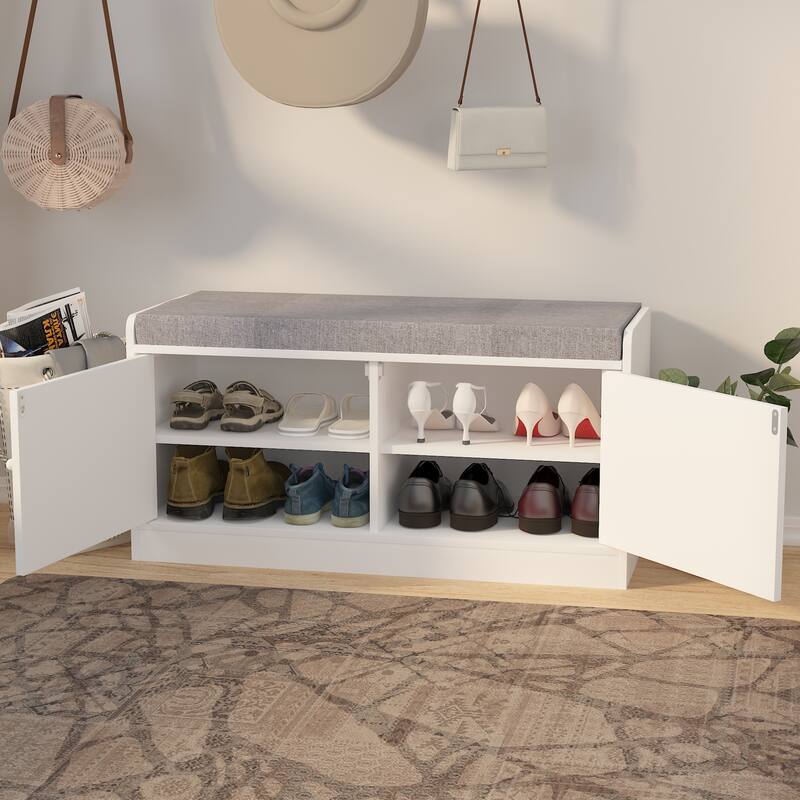 Entryway Bench Shoe Storage Bench with 2 Door Cabinet, Entryway Bench with Shoe Storage and Adjustable Shelves