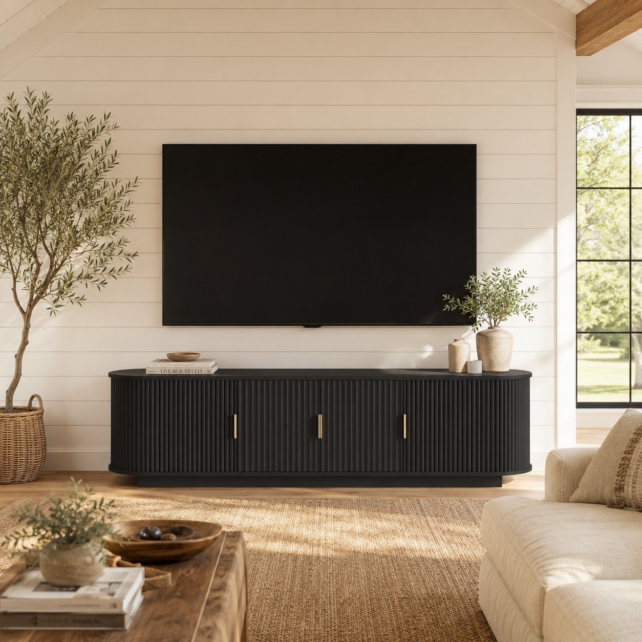 66.9" Farmhouse TV Stand for TVs up to 75", Fluted Sliding Door Media Console with Shelves
