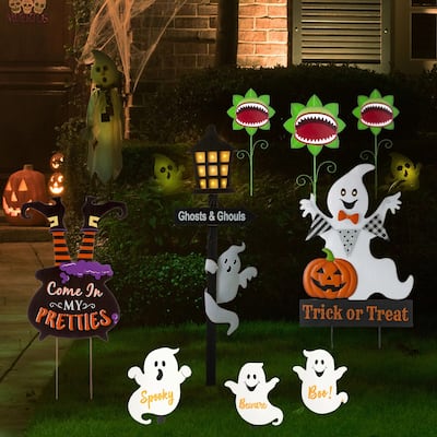Glitzhome Halloween LED Ghost Cat Pumpkin Nutcracker Yard Stakes Standing Sign Hanging Decor
