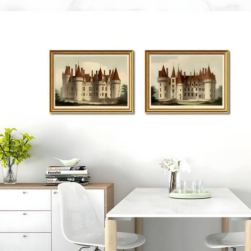 Set of 2 Vintage Castle Framed Wall Art - Replaceable Canvas Prints with Solid Wood Picture Frames, Antique Architecture