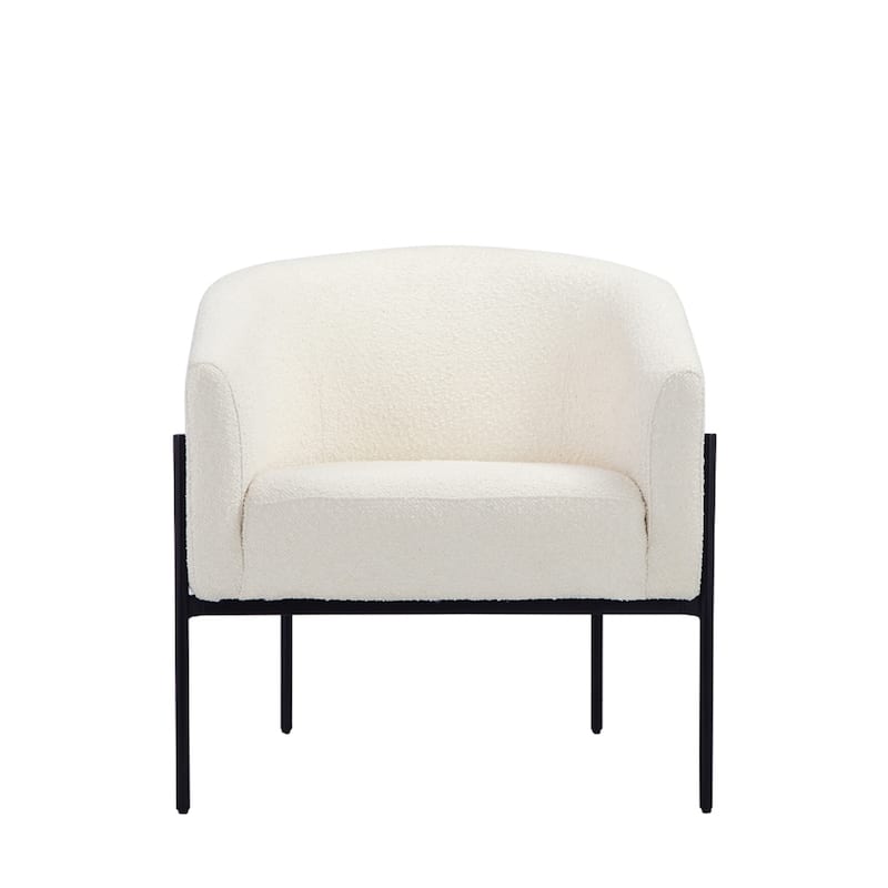 Mae 29 Inch Accent Armchair, Barrel, White Boucle Upholstery, Black Metal