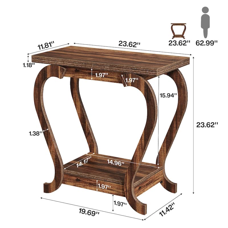 2-Tier End Table, Narrow Wood Side Table with Storage Shelves