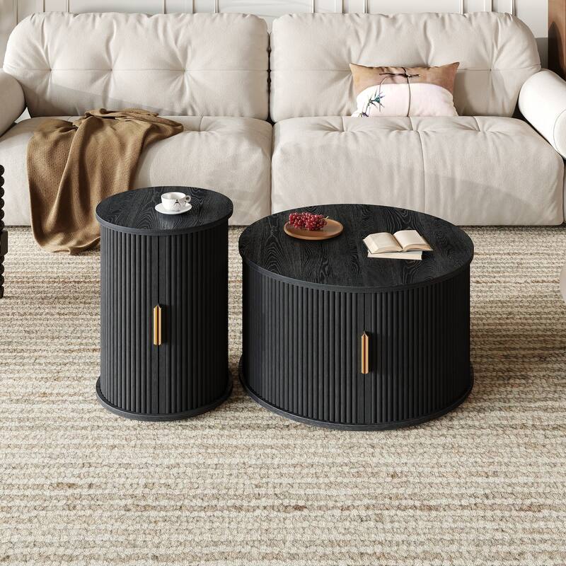 Nesting Coffee Table Set of 2, Modern Storage Coffee Table, Round Tea Table and End Table Set with Sliding Tambour Door