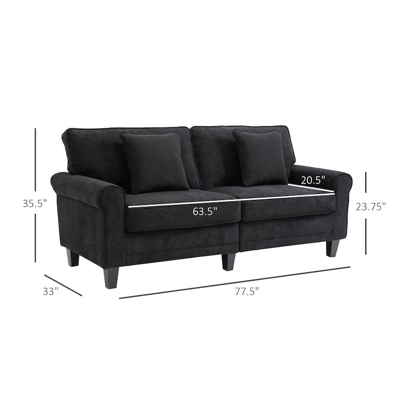 HOMCOM Modern Classic 3-Seater Sofa Corduroy Fabric Couch with Pine Wood Legs, Rolled Arms for Living Room, Black