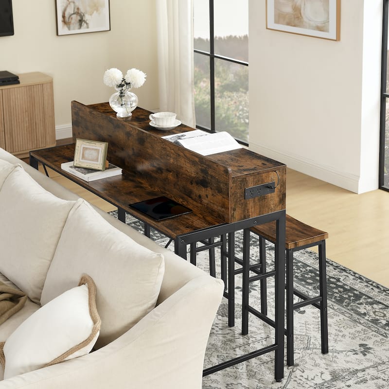 59 Inch Bar Table, Dining Table, Sofa Table with Power Socket and Led Light, 3 Saddle Stools, 4-Piece Bar Table and Chairs Set