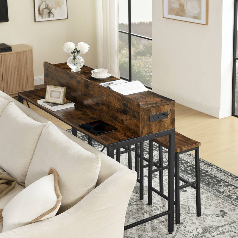 Counter Height Bar Table Set with Power Socket & LED Light, Farmhouse 4-Piece Dining Table Set with 3 Saddle Stools