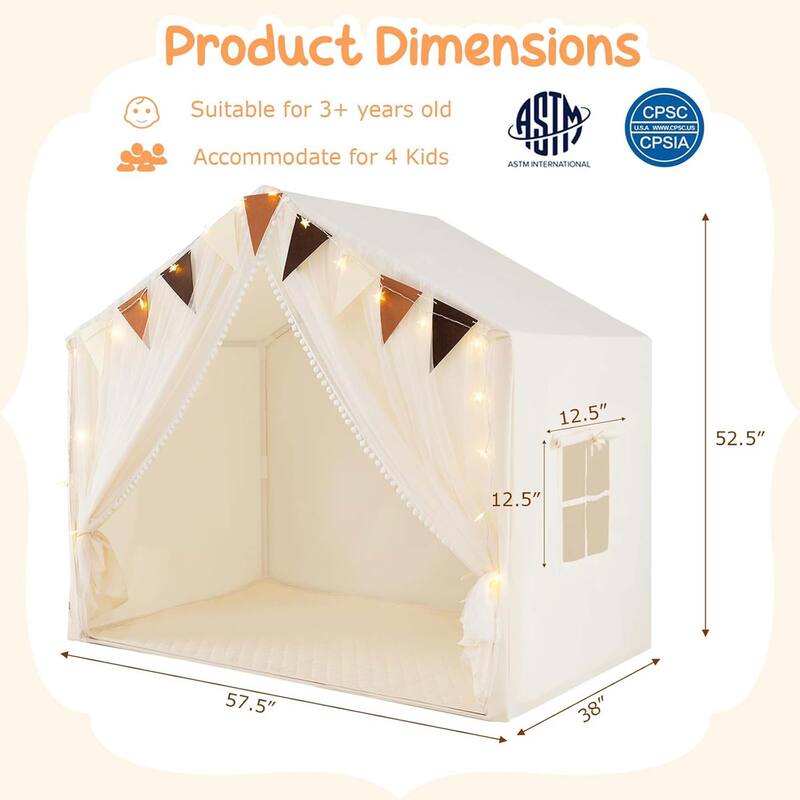 Kids Indoor Playhouse Toddler Play Tent w/ Windows & Cotton Mat