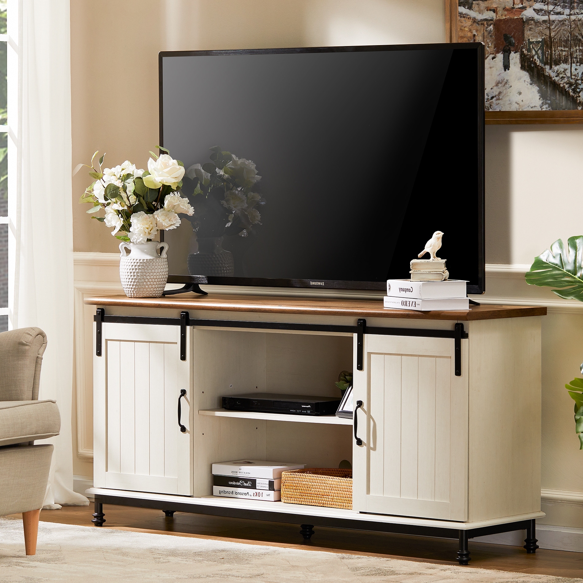 WAMPAT Farmhouse Sliding Barn Door TV Stands Storage Cabinets Entertainment Stand for TVs Up to 65"