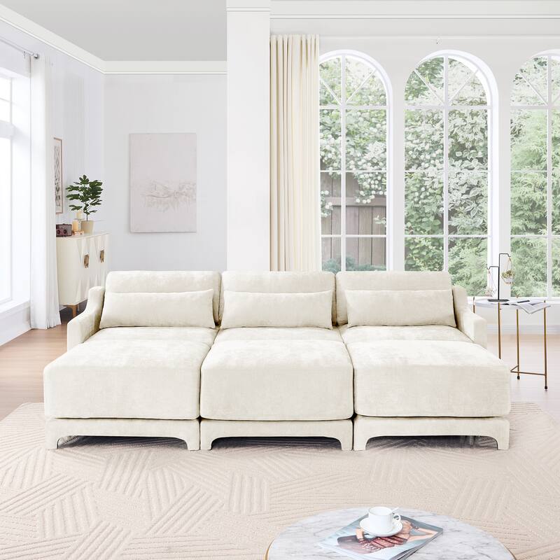Modern Chenille 4-Seater Sofa with 2 Ottoman, Lumbar Cushions, Ergonomic Backrest, High-Resilience Spongeand Tufted Armrests