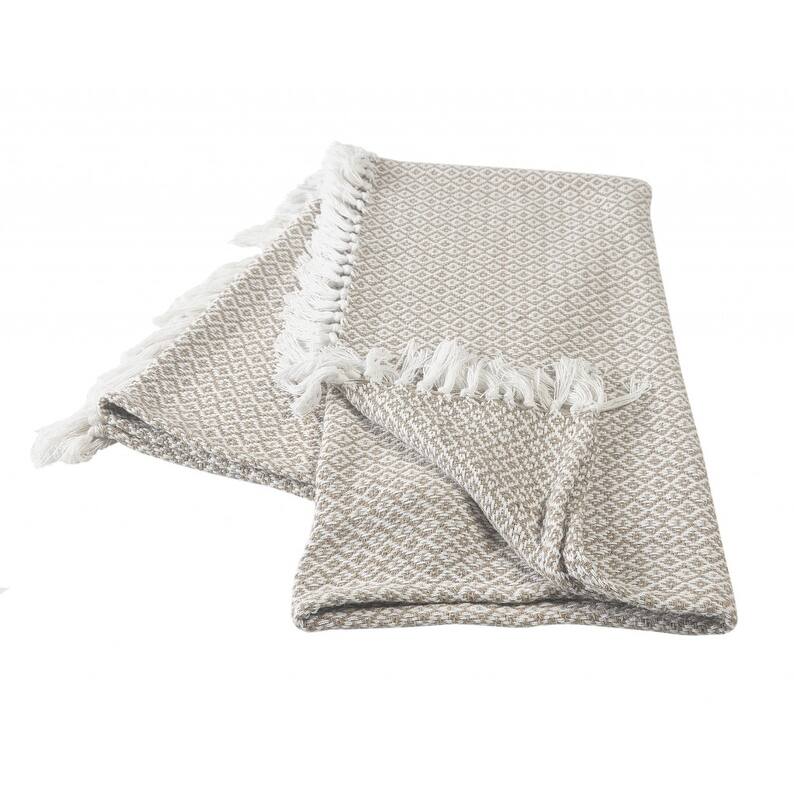 HomeRoots 50" X 60" Tan Woven Cotton Geometric Throw Blanket with Fringe