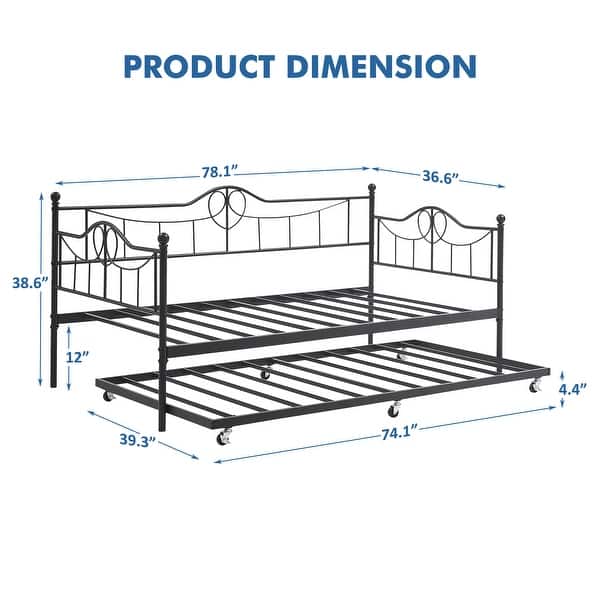 dimension image slide 2 of 5, Heavy Duty Metal Daybed With Trundle Platform Sofa Bed for Bedroom