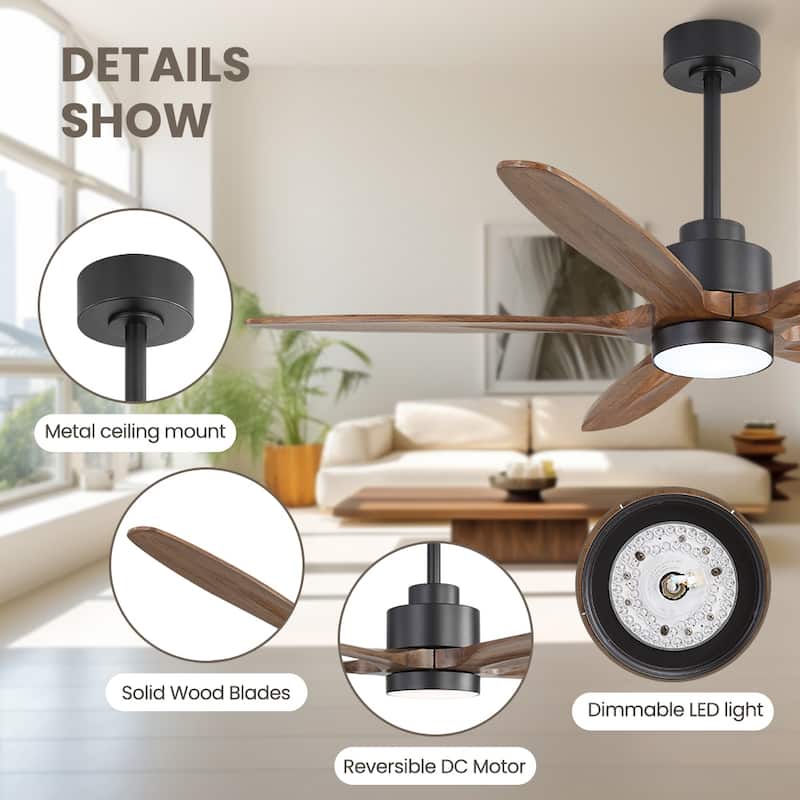 MLiAN 54 in 5 Solid Wood Blades Ceiling Fan with Integrated LED and Remote