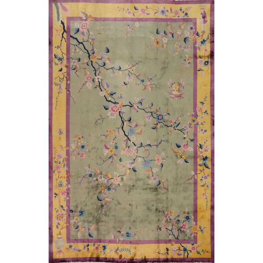Hand Knotted Oriental 100% Wool Carpet Traditional Floral Green Art Deco Area Rug - 17' 0'' X 11' 11''