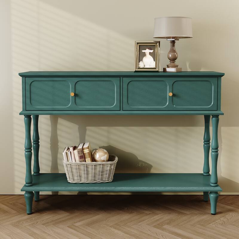 Mid-Century Console Table with 2 Doors for Entry and Living Room - Green