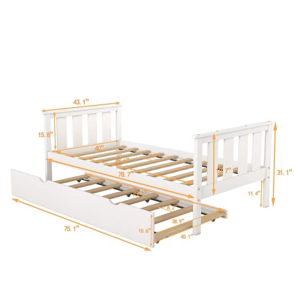 dimension image slide 1 of 3, Twin Bed Frame Wood Platform Bed with Pull Out Trundle and Headboard and Footboard