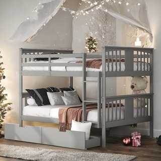 Full over Full Bunk Bed with 2 Drawers and Ladder for Bedroom