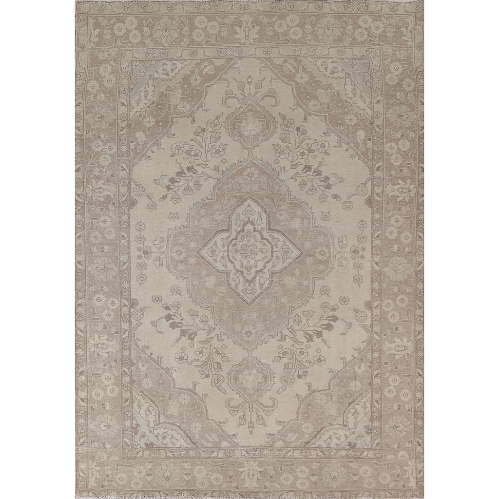 Distressed Muted Tabriz Persian Vintage Rug Hand-Knotted Wool Carpet - 6'5" x 9'4"
