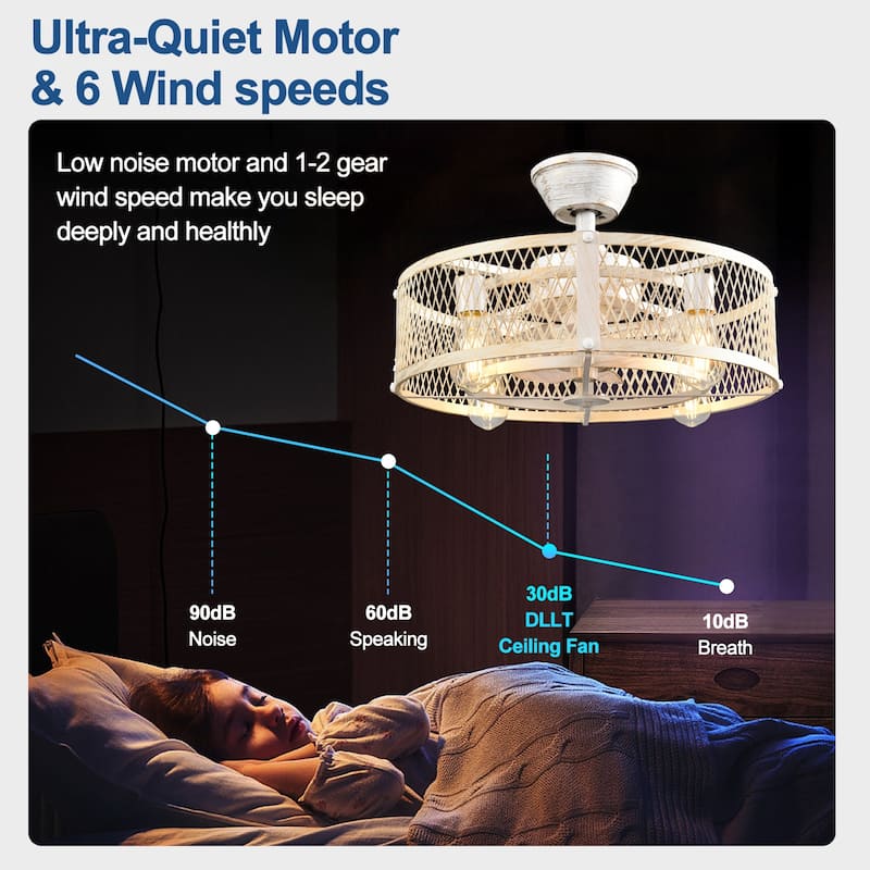 20-26" Caged outdoor Ceiling Fan with Light: Remote App Control-Farmhouse Fandelier Flush Mount Fixture Reversible 6 Speed Timer