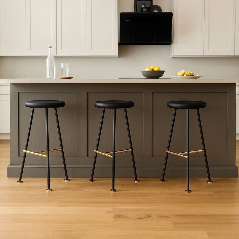 Elira 24 Inch Backless Counter Barstool with Round Mango Wood Seat. Black Iron Legs, Gold Footrest