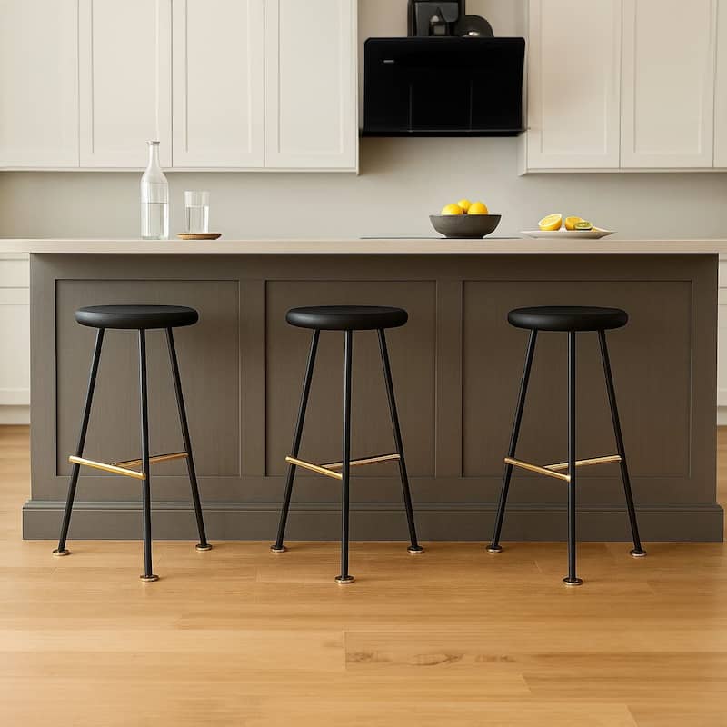 Elira 24.5 Backless Barstool with Round Mango Wood Seat | PVD Coating | Black Iron Legs | Gold Footrest