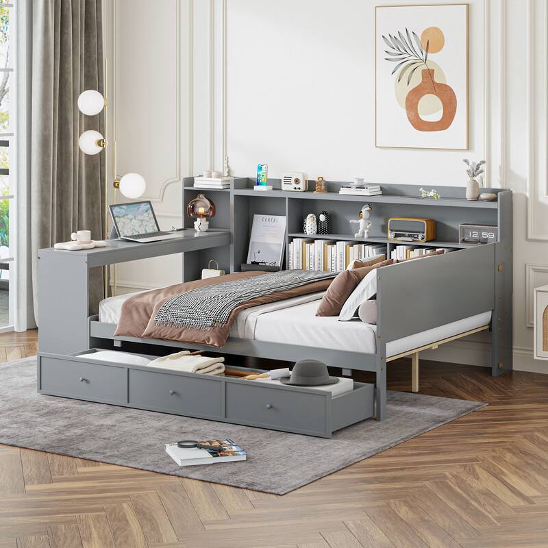 Full Size Modern Wooden Daybed with 3 Drawers, USB Ports & Desk