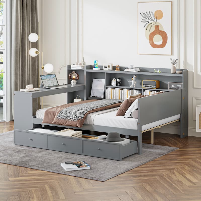 Full Size Wooden Daybed with Drawers, USB Ports, and Integrated Desk, Gray