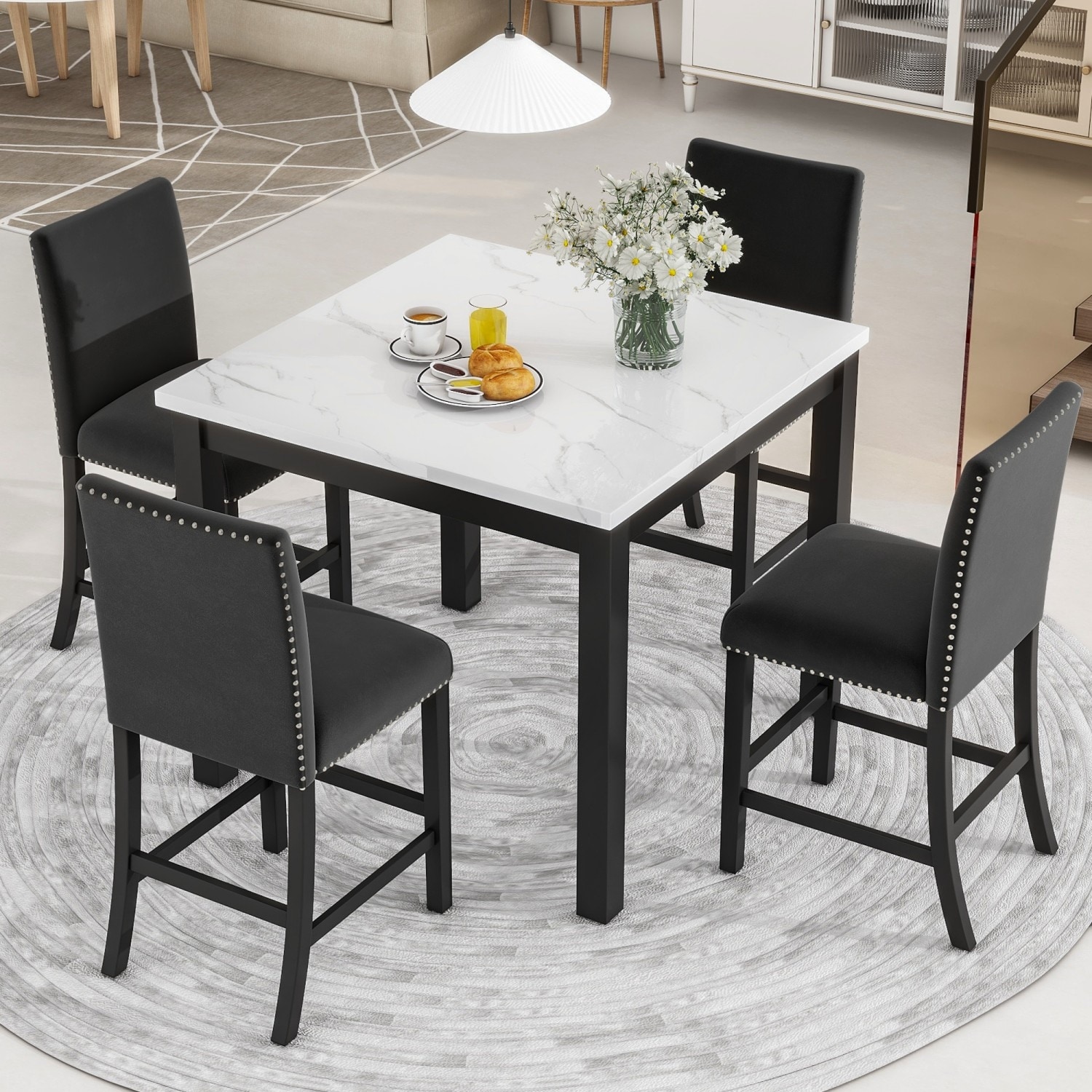 35" Faux Marble Top Dining Table and 4 Velvet Chairs, 5-Piece Dining Set