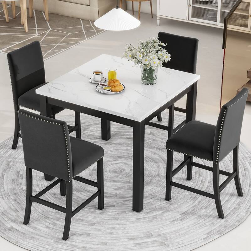 35" Faux Marble Top Dining Table and 4 Velvet Chairs, 5-Piece Dining Set - Black