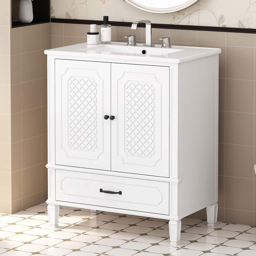 Bathroom Vanity with Ceramic Sink, Bathroom Cabinet with Door Shelf and Soft-Closing Doors, Vanity Set with Adjustable Shelf