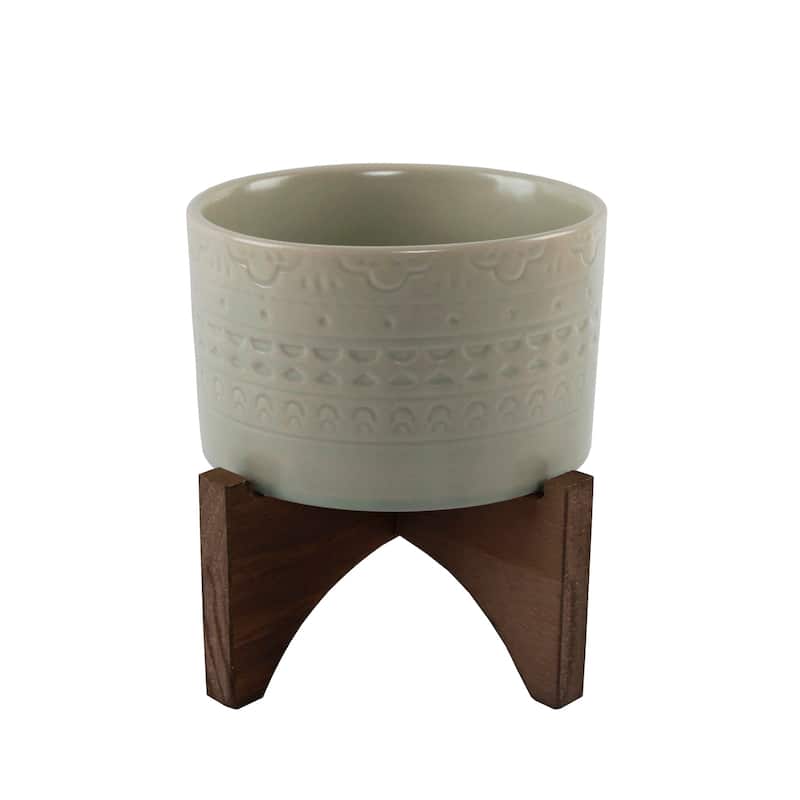 Mid-Century 5" Mayan Ceramic Planter on Wood Stand,Matte Sage - Green