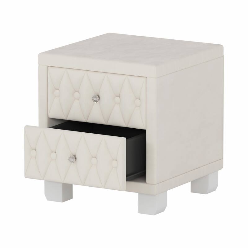 Velvet Nightstand with 2 Drawers and Crystal Handles