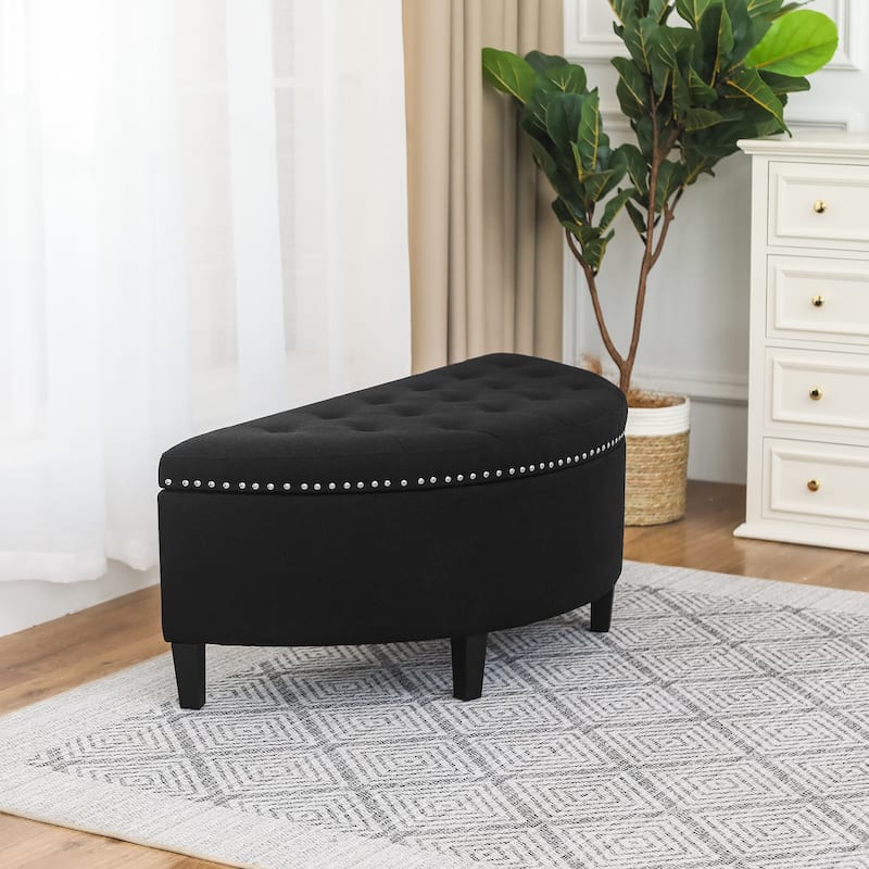 Adeco Half Moon Storage Ottoman Semi Circle Bench - Black