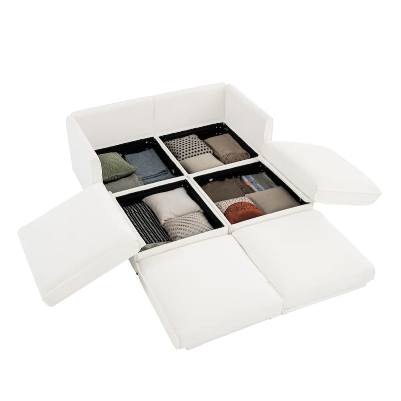 75.5" 2-Seater Chenille Sofa with 2 Ottoman Storage Seats, Cylindrical Backrest and Modular Design