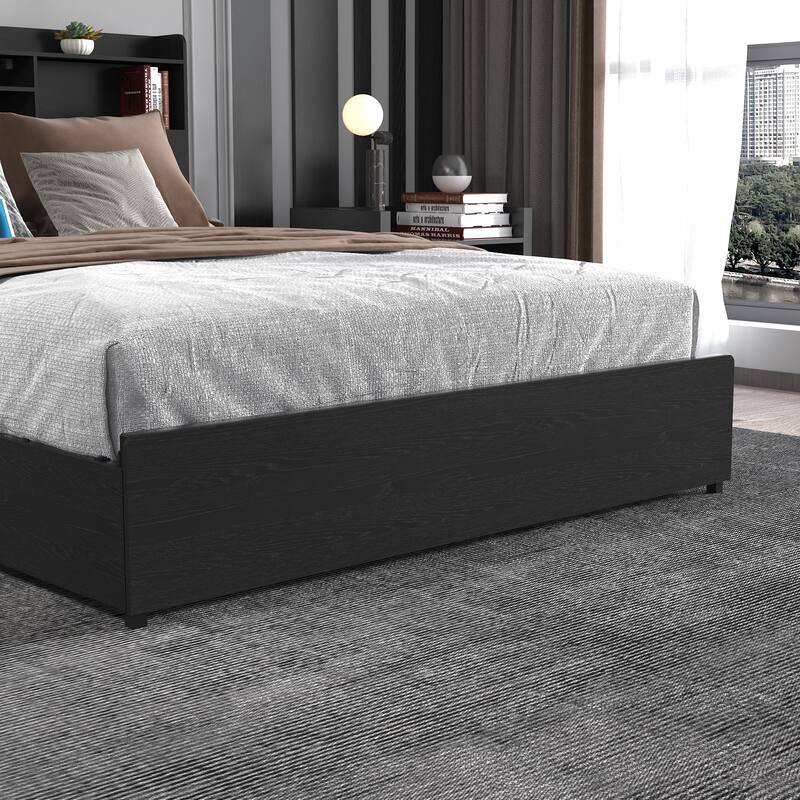Black Platform Storage Bed Frame with Pull-out Storage Drawers and Storage Shelf Headboard Built-in Charging Station
