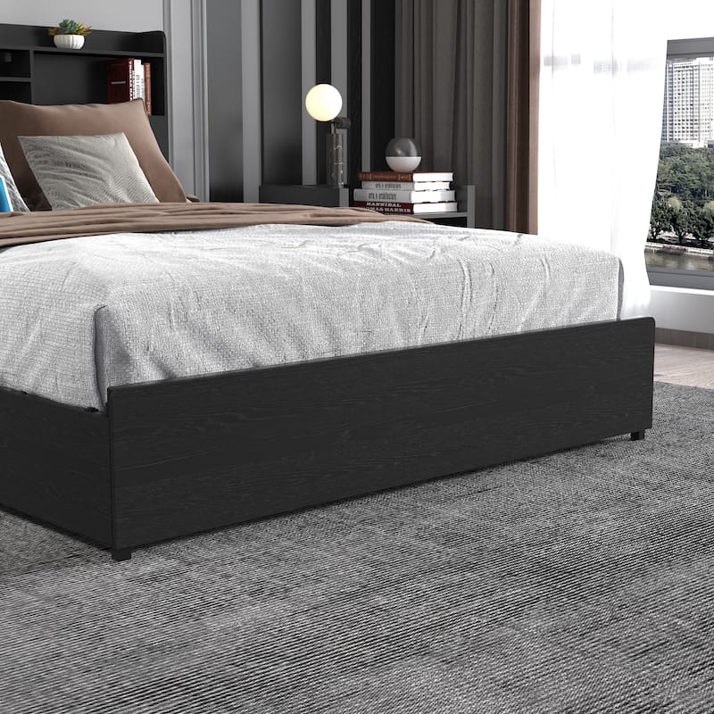 Platform Bed Frame with Storage Headboard, USB Charging Station, LED Lights, Storage Shelf, 4 Storage Drawers, No Noise, Black