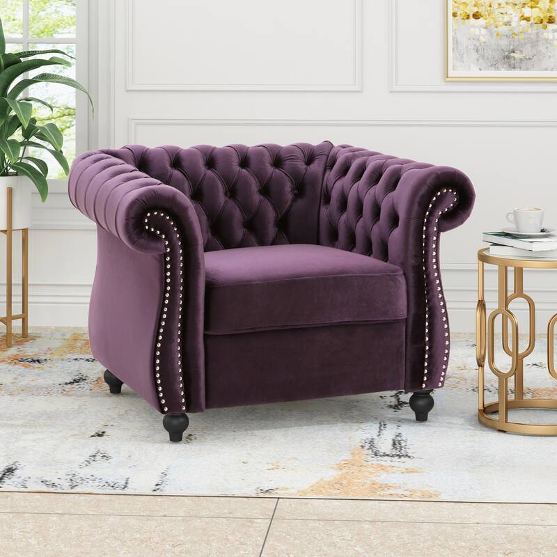 Roomfitters Chesterfield Club Chair with Deep Tufting, Rolled Arms and Nailhead Trim, Velvet Accent Armchair