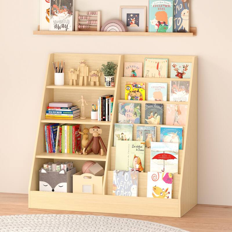 Kids Bookshelf and Toy Storage Organizer, Multifunctional 4 Tier Wooden Kids Book Shelf with Bookcase Display Stand